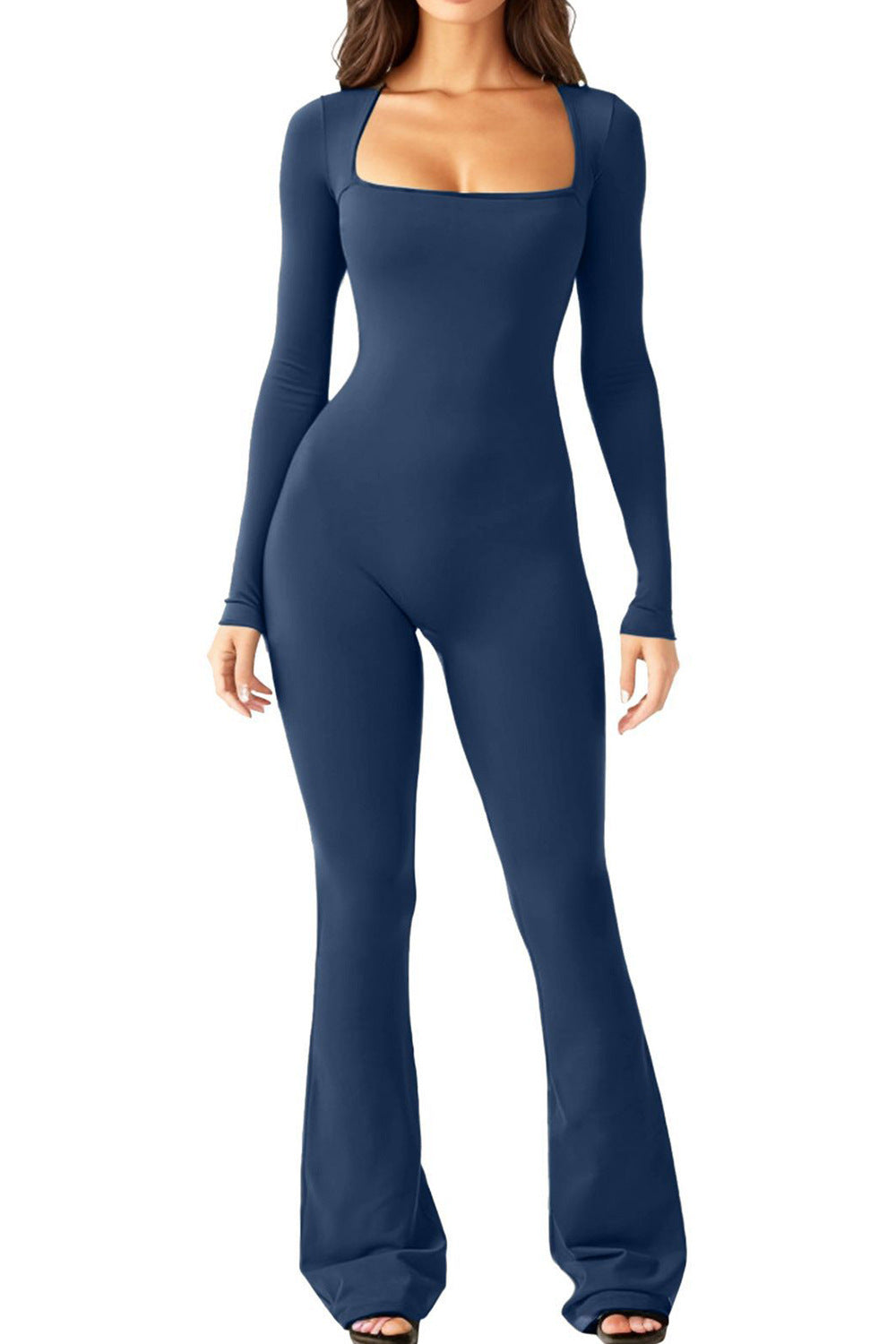 Dame Elegant Langærmet Jumpsuit med dyb kvadratisk U-hals og flatterende snit Stilla