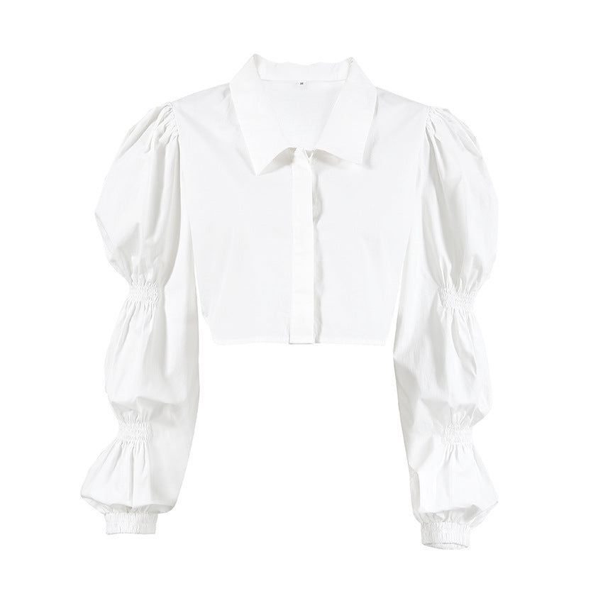Dame Cropped Bluse med brede Pufferærmer og moderne Krave Stilla