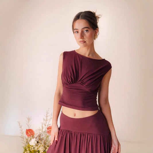 Dame Crop-Top og Midi-Nederdel Sæt med elegant Vikledetail Stilla