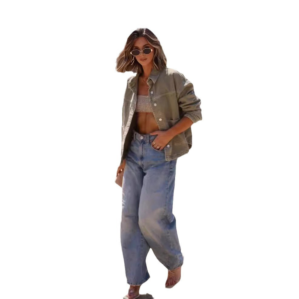 Dame afslappet Overshirt-jakke i vintage stil med store lommer Stilla