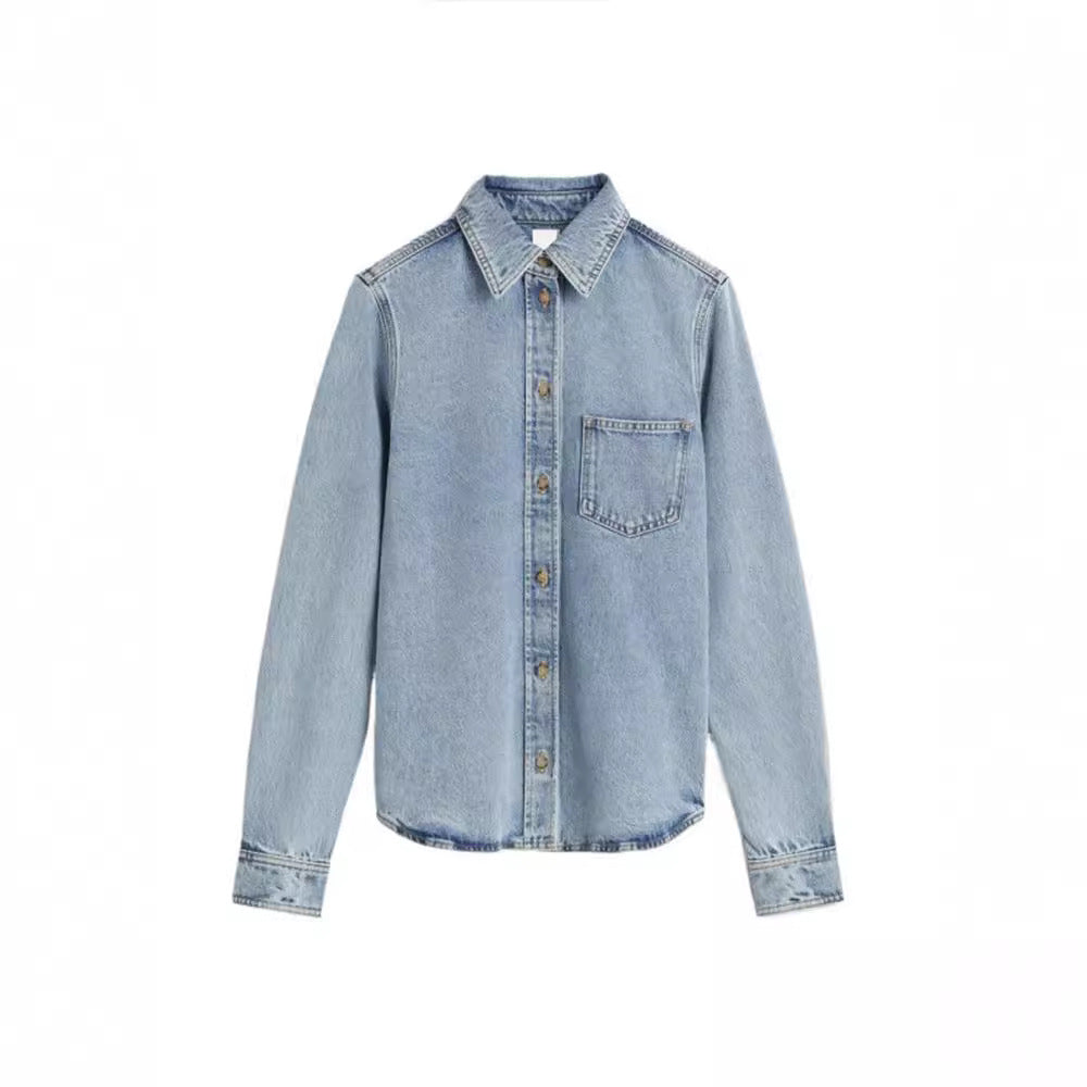 Dame Denim skjortejakke i klassisk snit med dekorative syninger og praktiske lommer Stilla