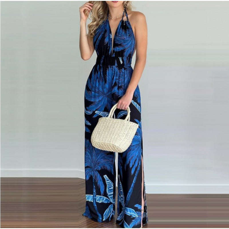 Kvinder Bohemian Halterneck Maxi Jumpsuit med siden slids Stilla