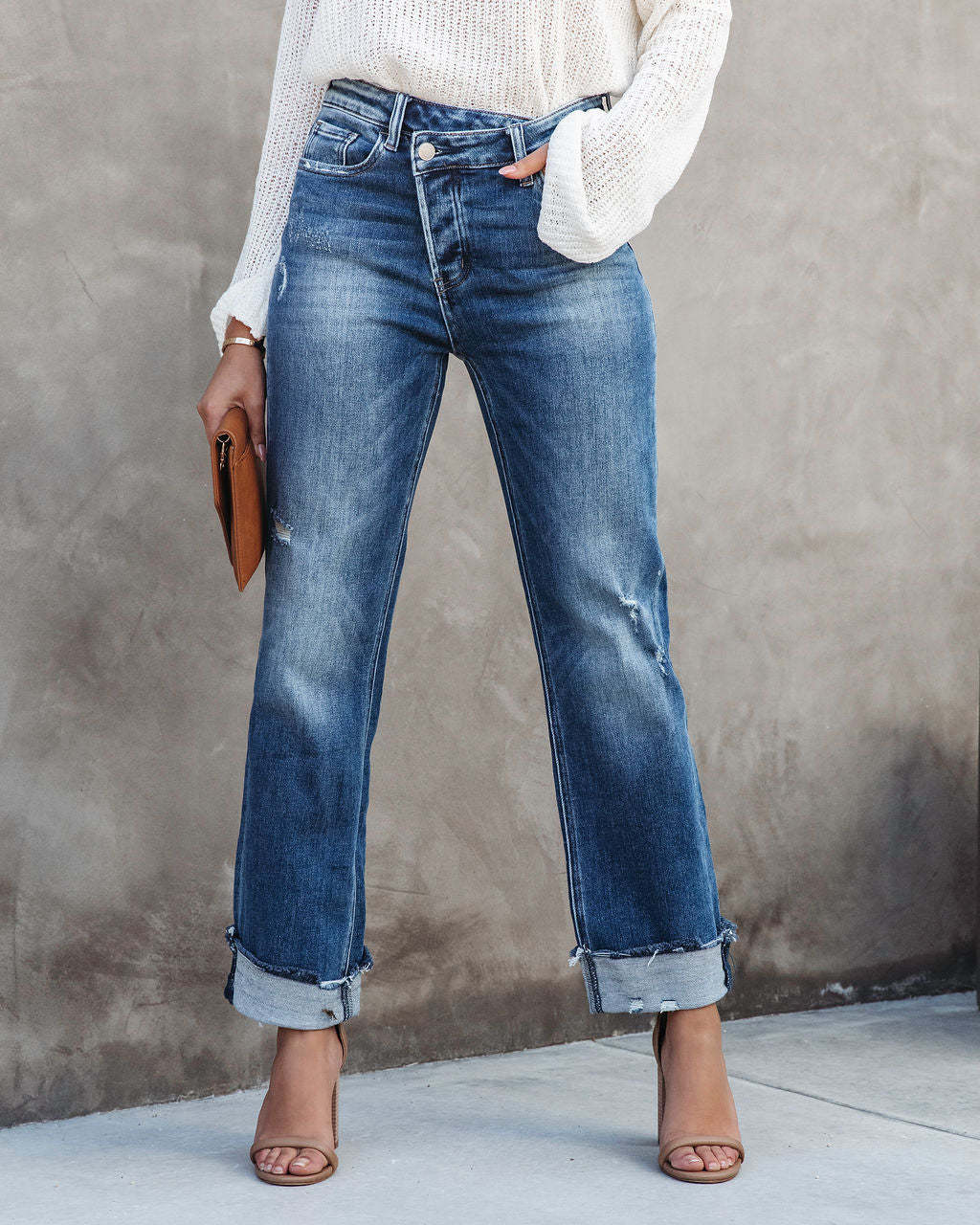 Dame High-Waist Jeans med afslappet Wide-Leg-snit og frynset ender Stilla