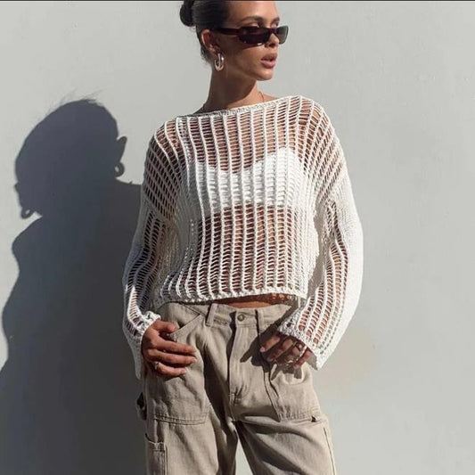 Dame Cropped Open Knit Pullover Stilla