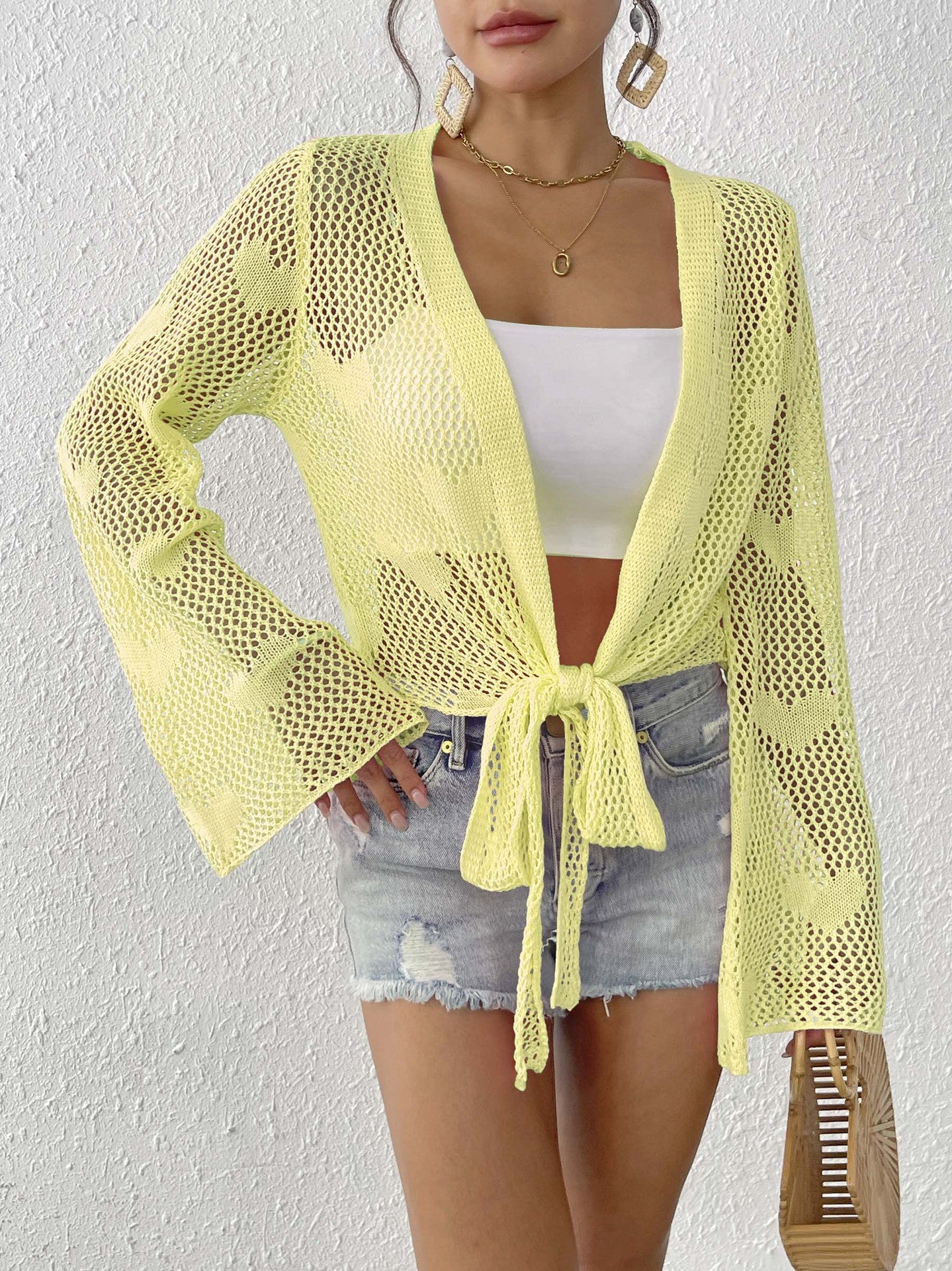 Dame Åben Strik Strandcardigan med Bindebånd Stilla