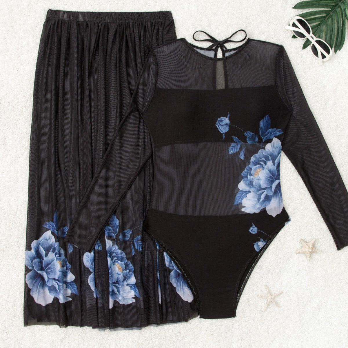 Dame Elegant Badedragt med lang arm og floral nederdel Stilla