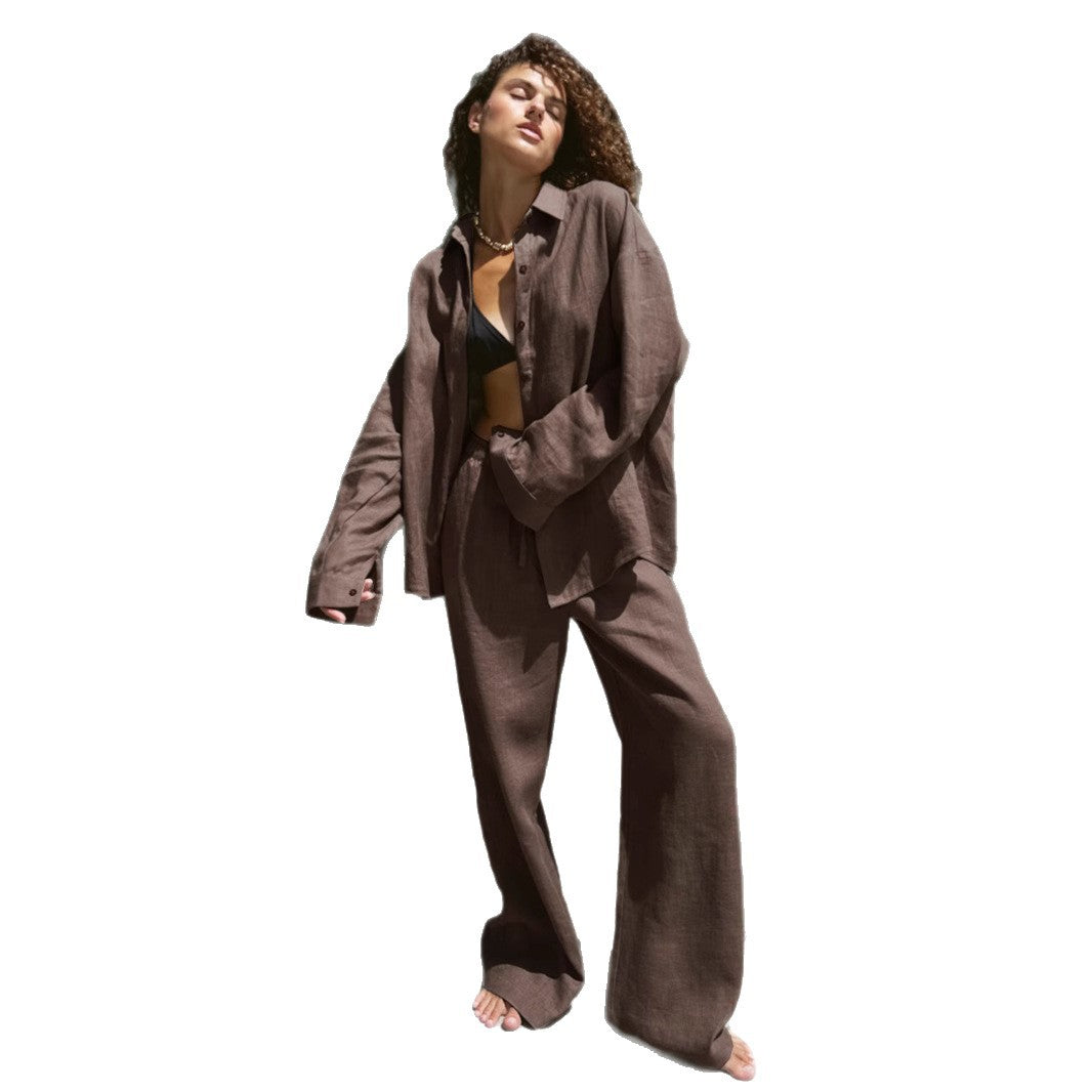 Dame afslappet linnedragt med brede bukser og oversized skjorte Stilla