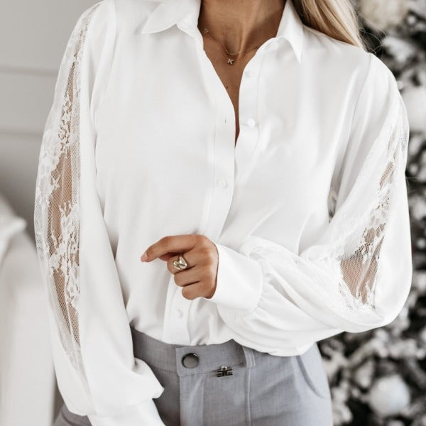 Dame elegant bluse med spids-indlæg Stilla