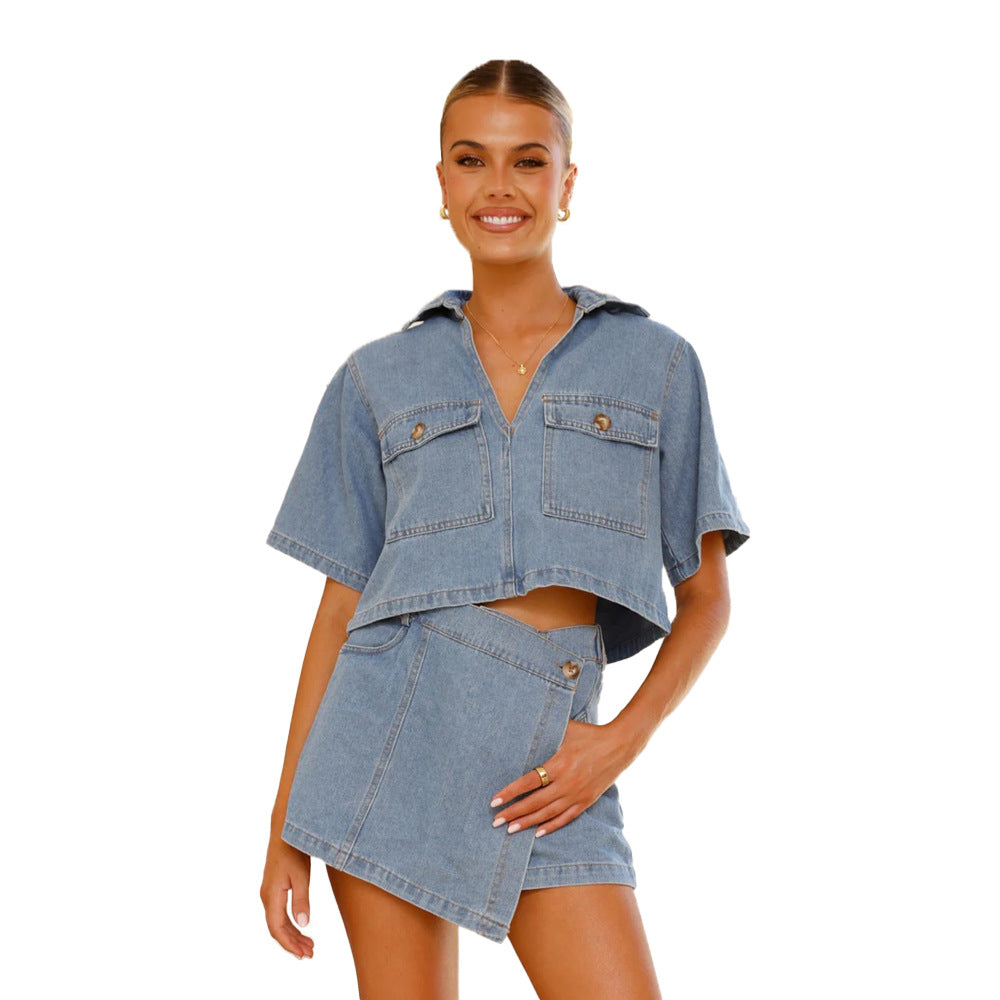 Dame Crop-Top og Mini nederdel sæt i denim-look Stilla