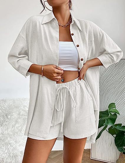 Dame afslappet linned sæt med korte bukser og skjorte Stilla