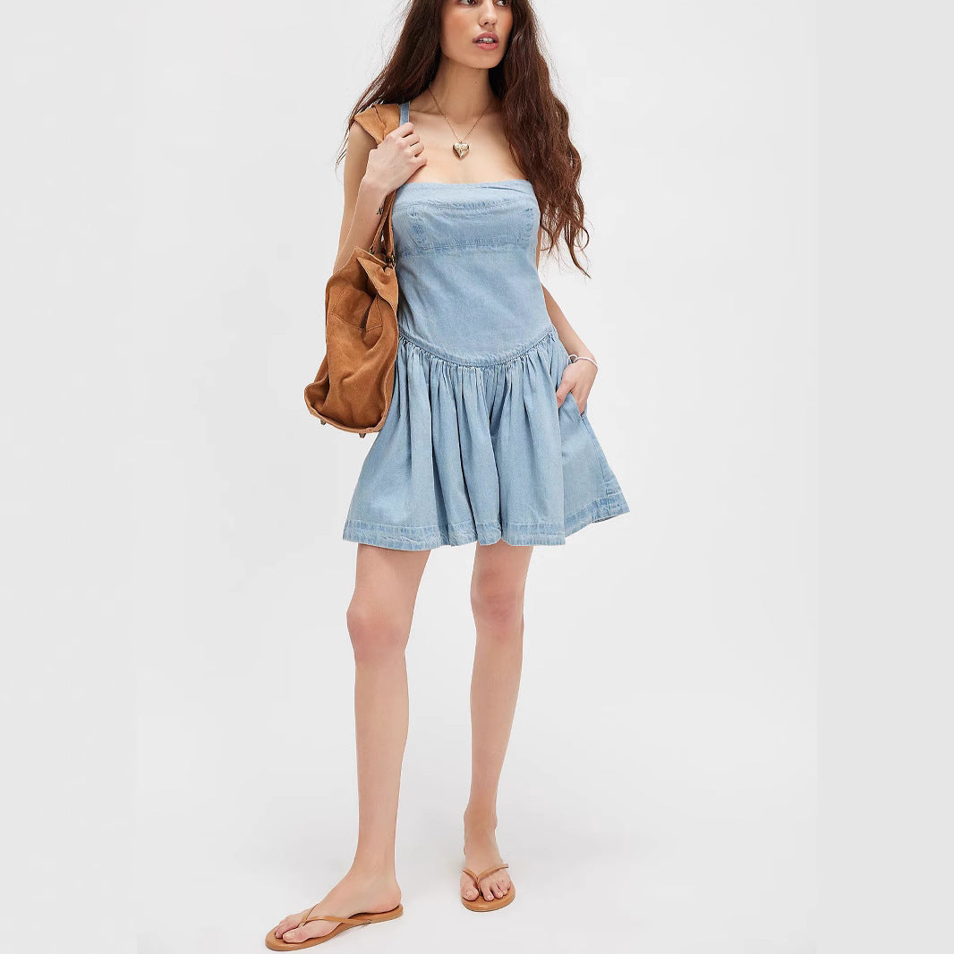 Dame Denim Sommerkjole med blomsteroverdel og udskåret nederdel Stilla