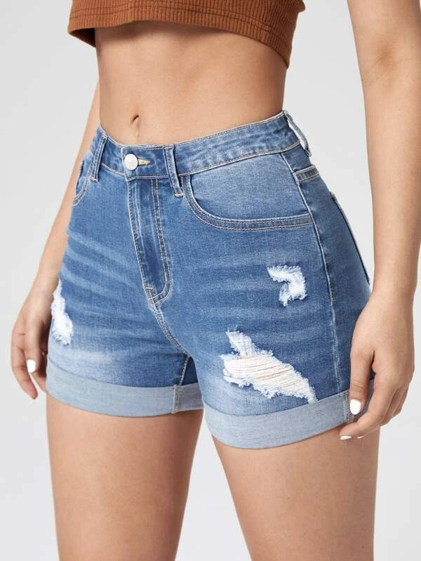 Dame High-Waist Jeans-Shorts med destroyed detaljer og fashionable sømme Stilla
