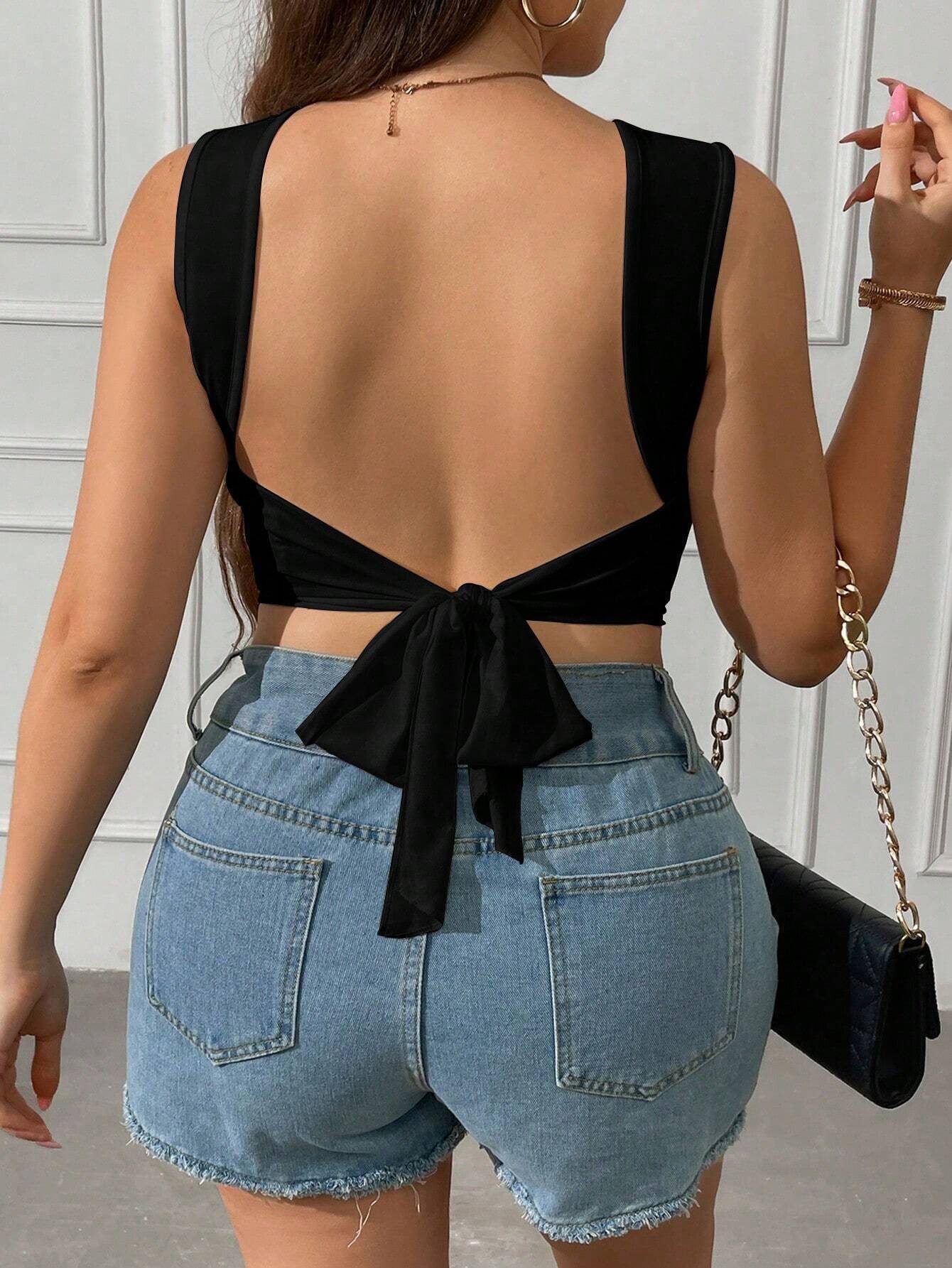 Dame cropped top i elastisk jersey med rund halsudskæring Stilla