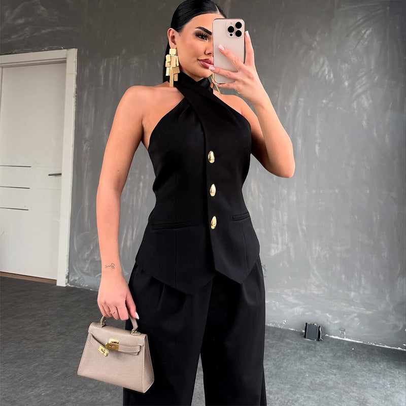 Dame Blazer-Veste Sæt med asymmetrisk U-hals og elegant Knapliste Stilla