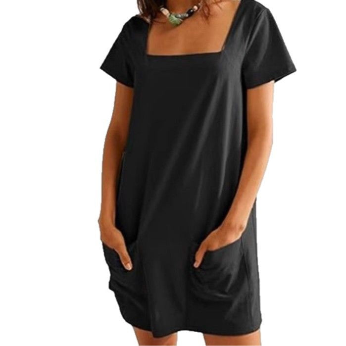 Dame afslappet bomulds kjole med firkantet udskæring og praktiske lommer Stilla