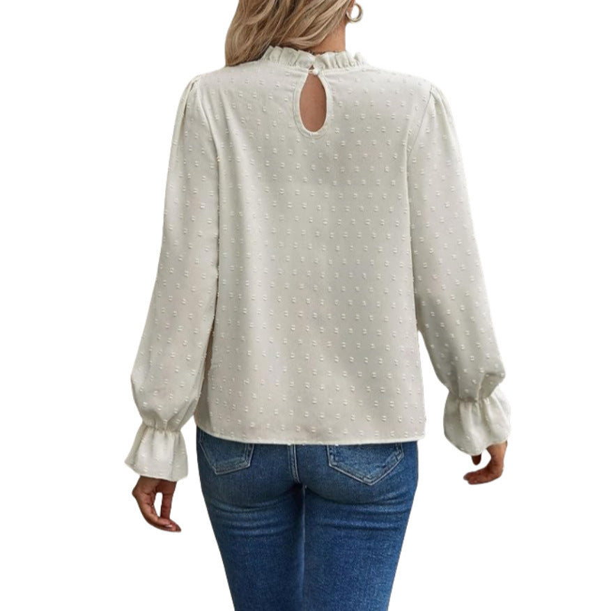 Dame elegant bluse med flæsedetaljer og prikket stof Stilla