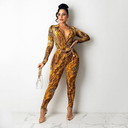 Dame Slangeprint Langærmet Bodysuit Jumpsuit Stilla