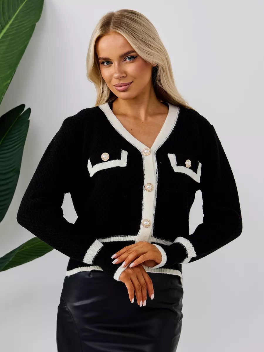 Dame Elegant Knaplukning Strikkardigan med Dekorative Lommer Stilla