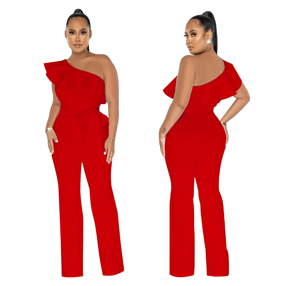 Dame Elegant One-Shoulder Jumpsuit med Rynke Detaljer og Taljebælte Stilla
