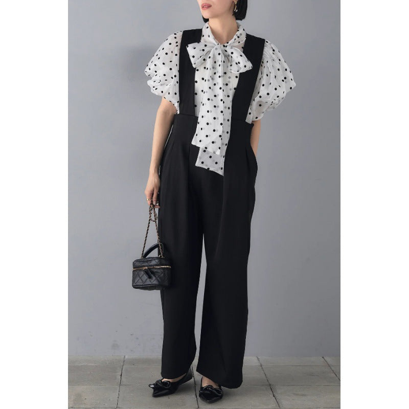 Dame elegant bluse med prikker og puffærmer Stilla