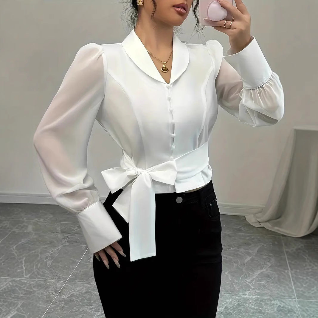 Dame elegant bluse med figursyet snit og legende sløjfedetalje Stilla