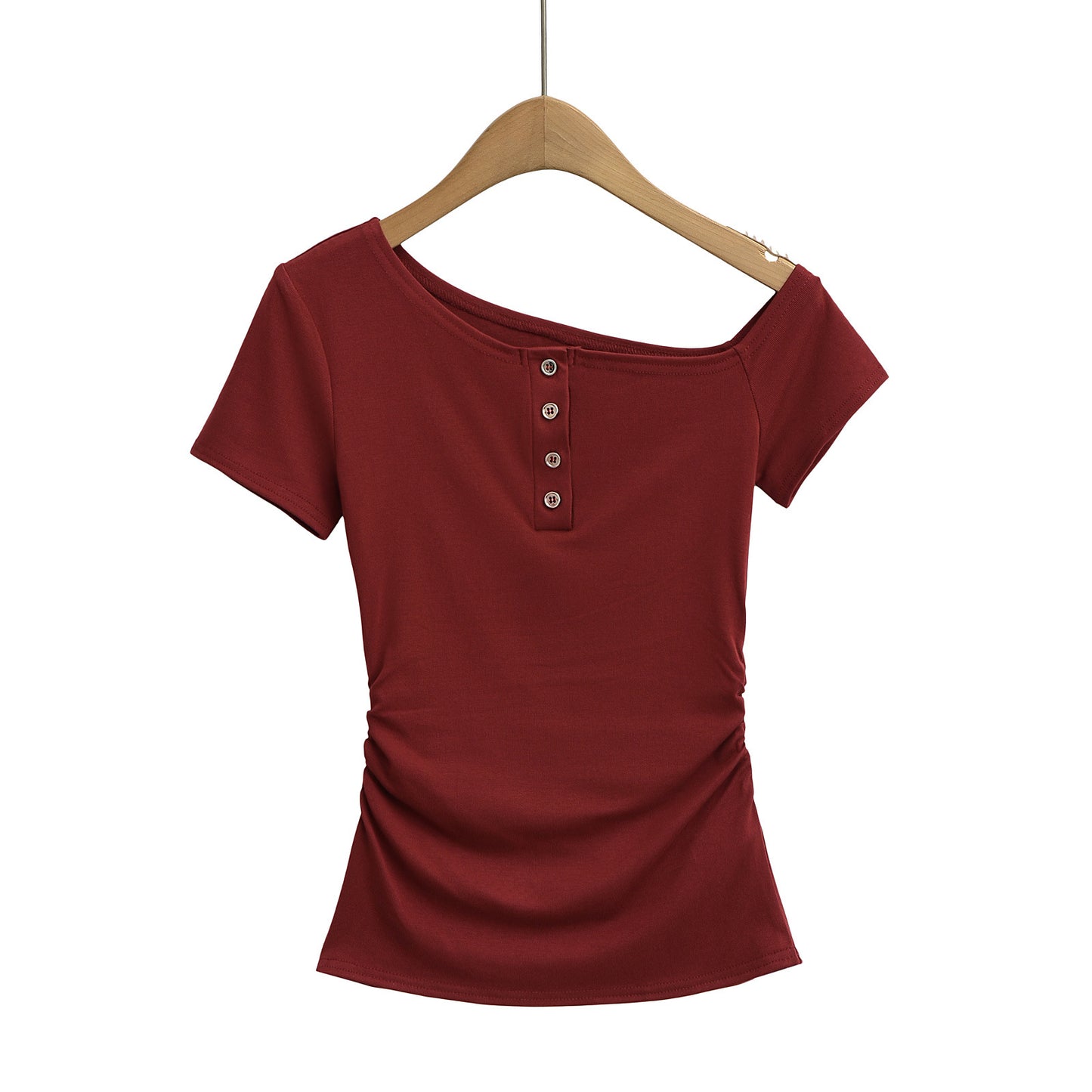 Dame afslappet kortærmet skjorte med asymmetrisk udskæring og knapliste Stilla