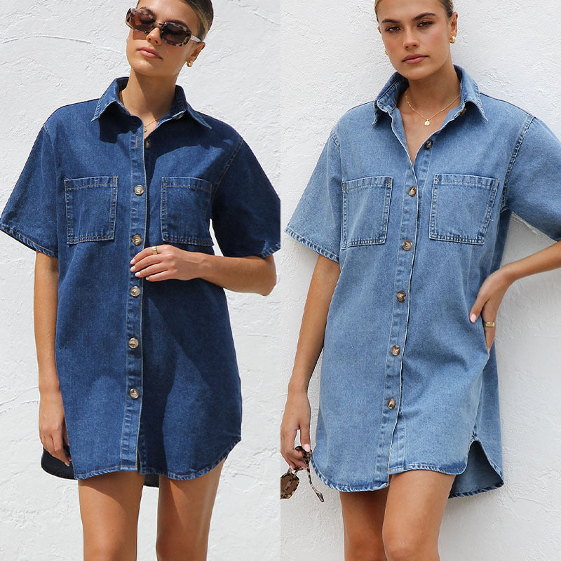 Dame Denim Skjortekjole med korte ærmer og praktiske lommer Stilla