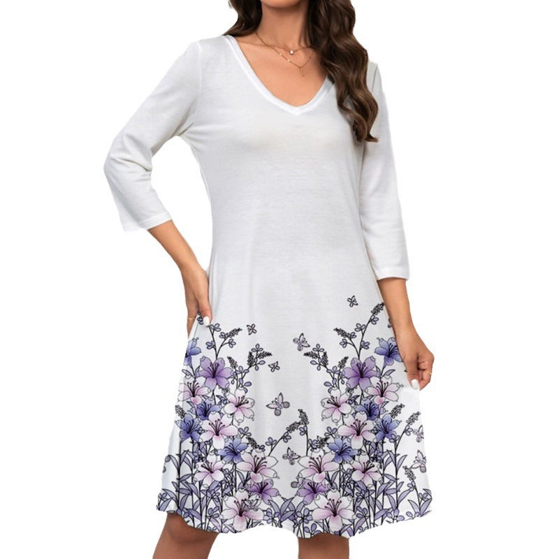 Dame A-linie kjole med blomstermotiv og praktiske lommer Stilla