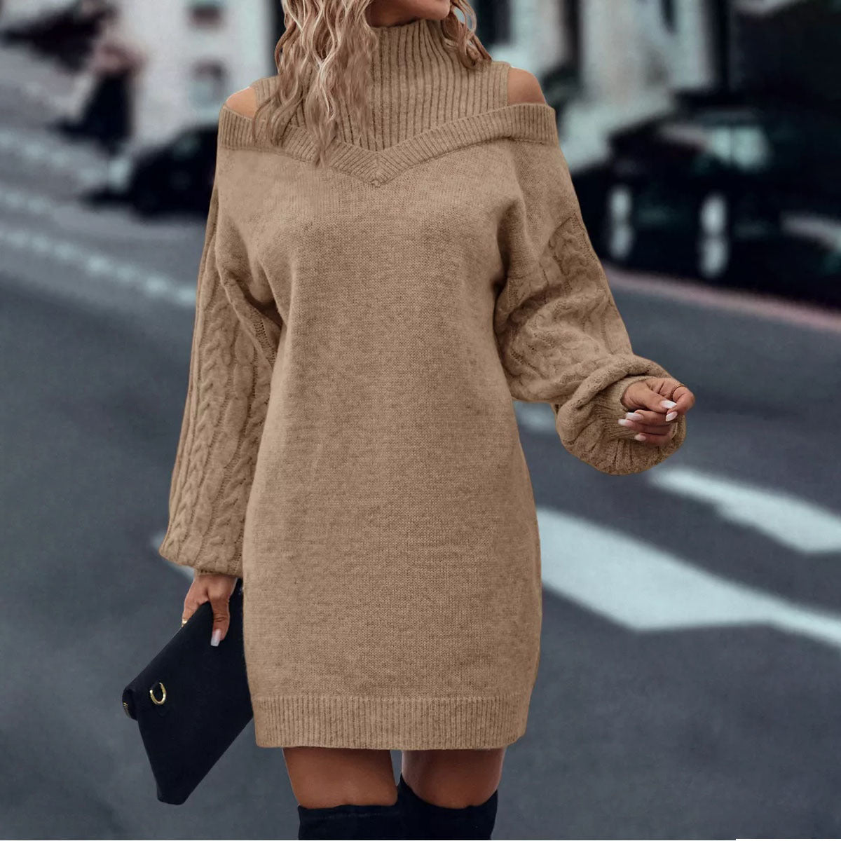 Femme Off-Shoulder Kabelstrik Pullover Kjole Stilla