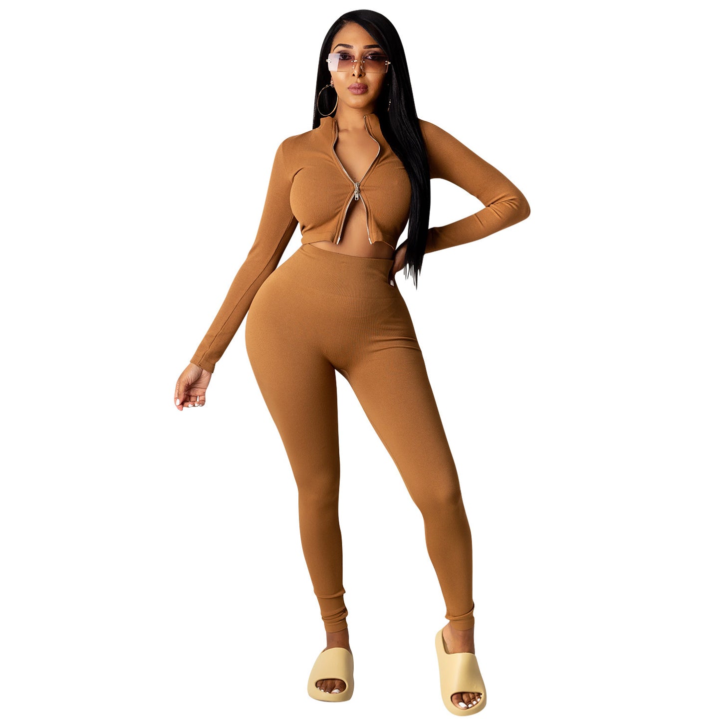 Dame Crop-Top og High-Waist Leggings Sæt med Lynlås Stilla