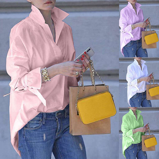 Dame afslappet overshirt-bluse med høj krave og moderne bindebælter Stilla