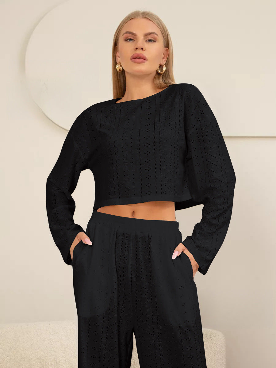 Dame let og stilfuld crop-top-bukse-sæt med filigran hulmønster Stilla
