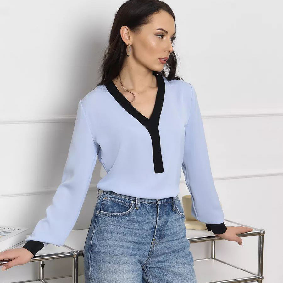 Dame elegant bluse top med moderne kontrastdetaljer Stilla
