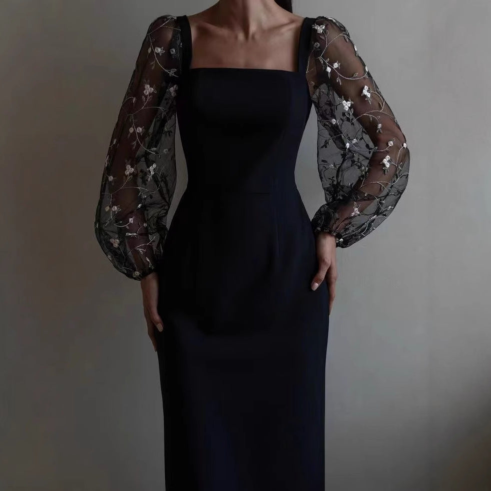 Dame Elegant aftenkjole med gennemsigtige, broderede ærmer Stilla