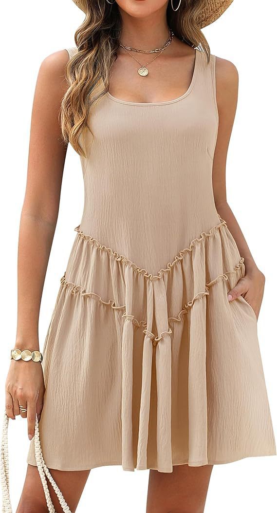 Dame afslappet fritidskjole med flæsedetaljer og praktiske lommer Stilla