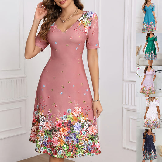 Dame Elegant A-linje kjole med blomstermønster og V-udskæring Stilla