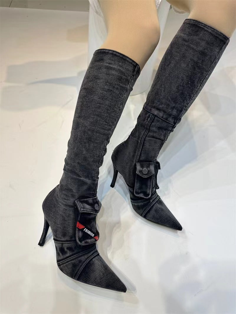 Femme High-Stiletto Denim Over-knæ Støvler med dekorativ lomme Stilla