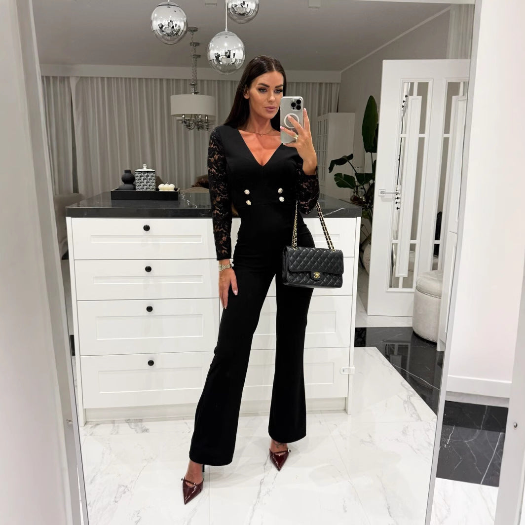 Dame Elegant Jumpsuit med Spidsermer og Taljebælte Stilla