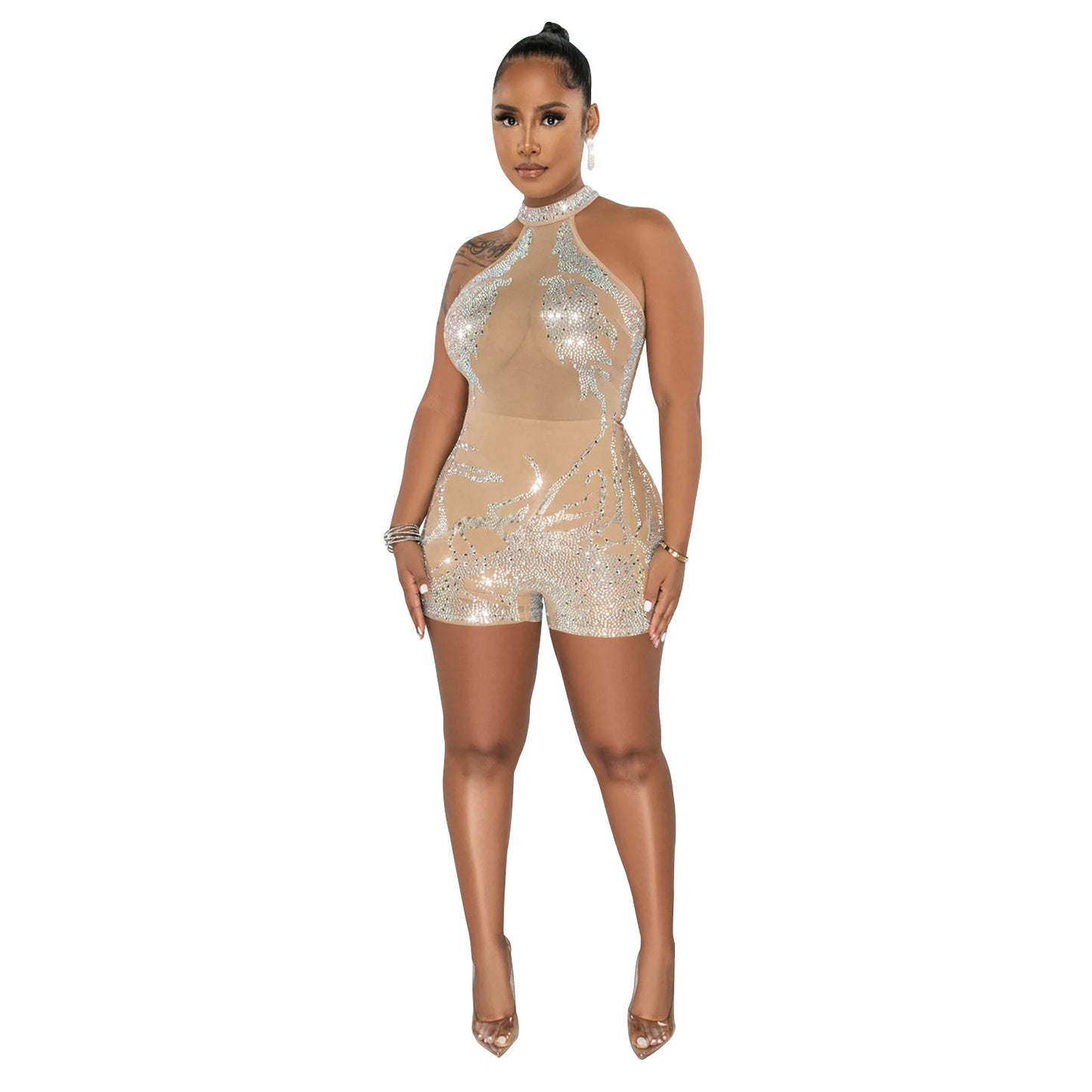 Dame Glamourøs Bodycon Jumpsuit med transparent overmateriale og funkende accenter Stilla