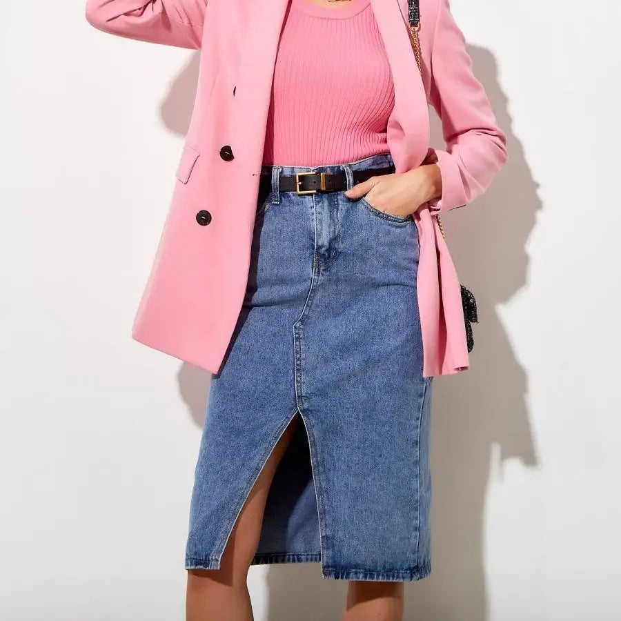 Dame denim midi nederdel med høj slids og alsidigt design Stilla