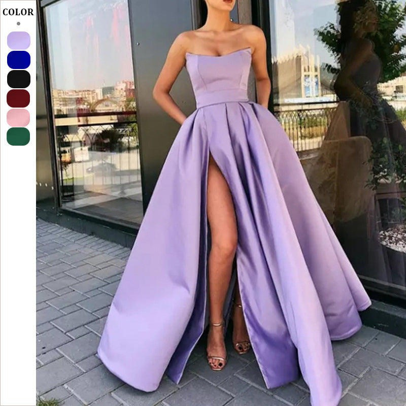 Dame Elegant aftenkjole med højtstående snit og glamourøs slids Stilla