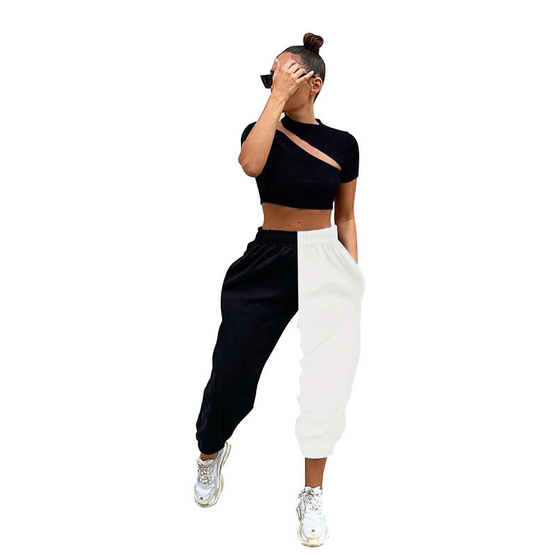 Dame Cut-Out Crop Top og Color-Block Joggingbukser Sæt Stilla