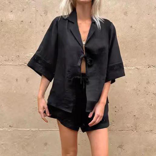 Dame afslappet linned overdel og shorts sæt med elastisk talje og dekorativt bindebælte Stilla