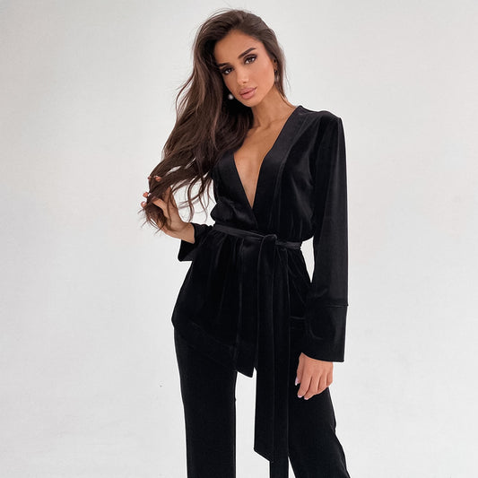 Dame elegant fløjls Jumpsuit-sæt med knælangt snit og taljeringabel bælte Stilla