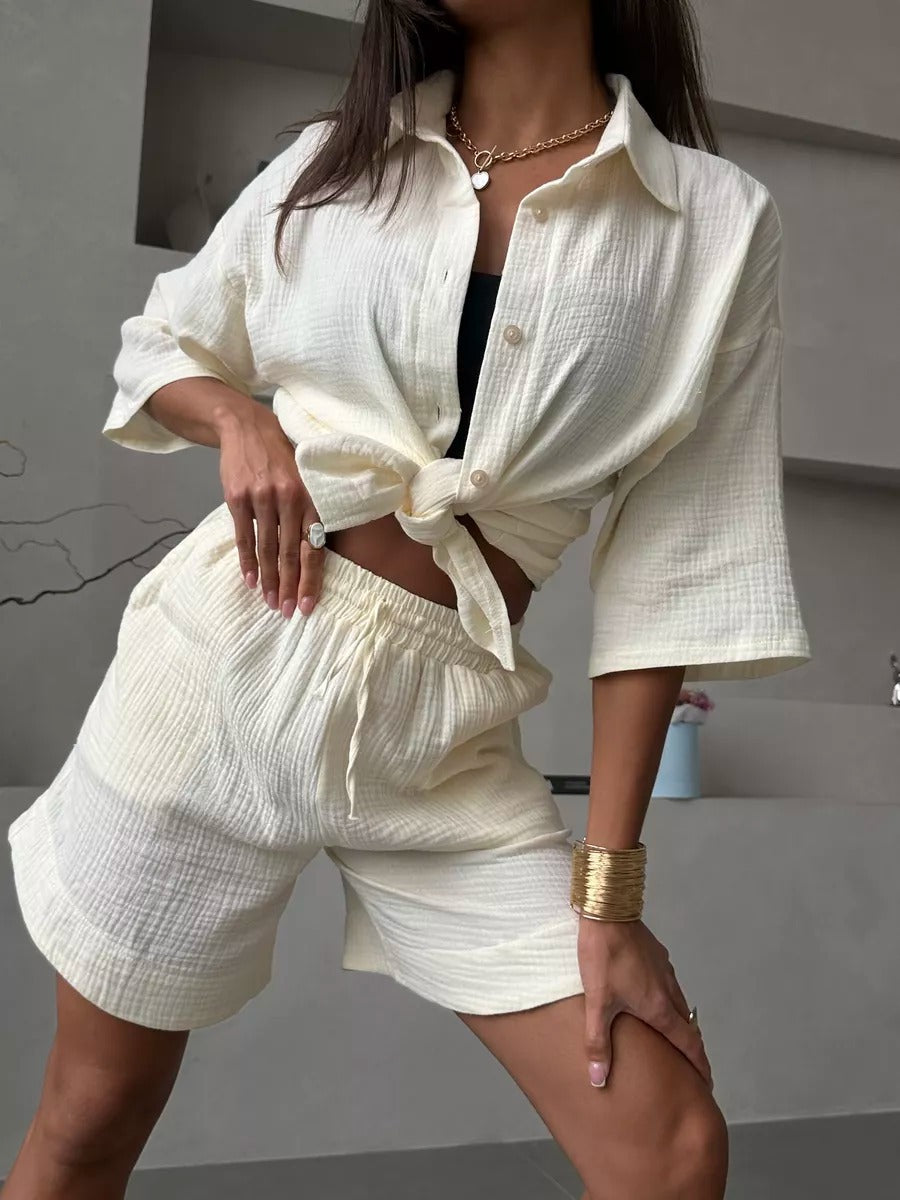 Dame afslappet kortærmet skjorte og shorts sæt med elastisk talje Stilla