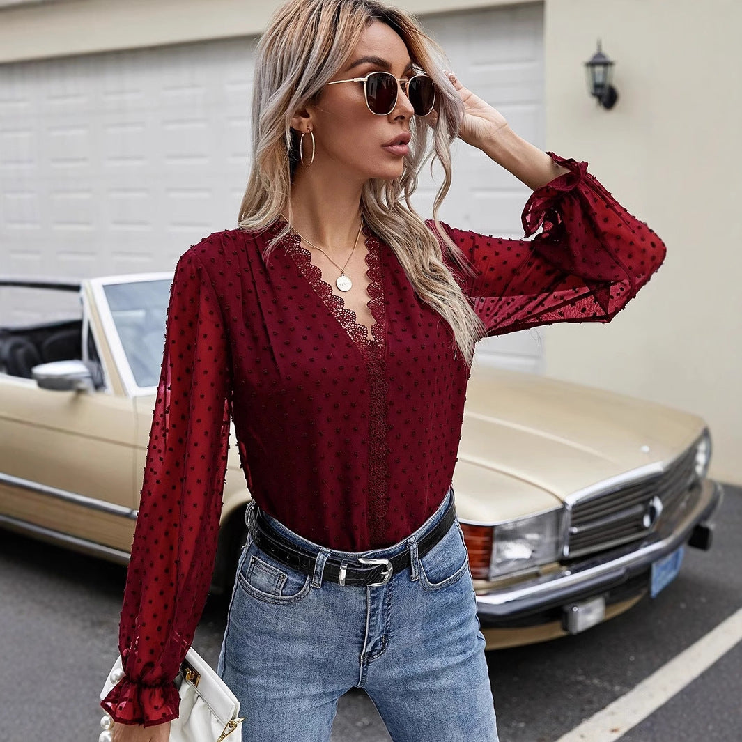 Dame Elegant Bluse med Spidsdetaljer og gennemsigtige Pufærmer Stilla