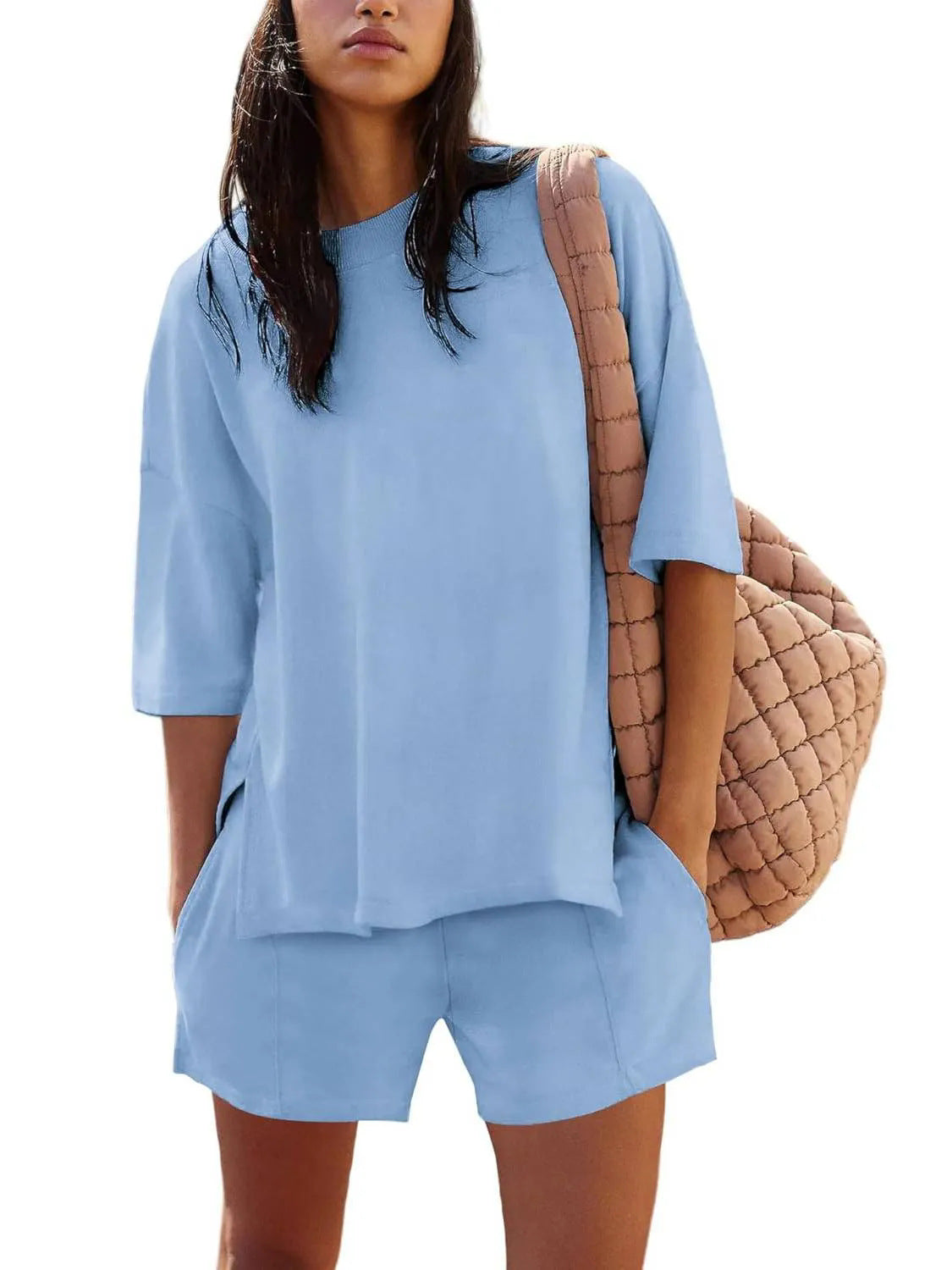 Dame afslappet kortærmet sæt med lommer og rund halsudskæring Stilla