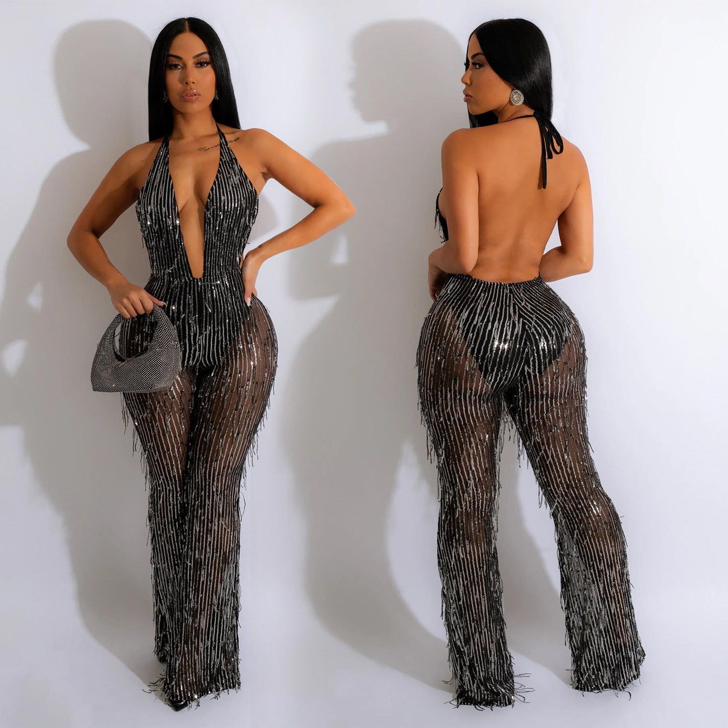Dame Glamourøs Jumpsuit med frynser og strass dekorationer Stilla