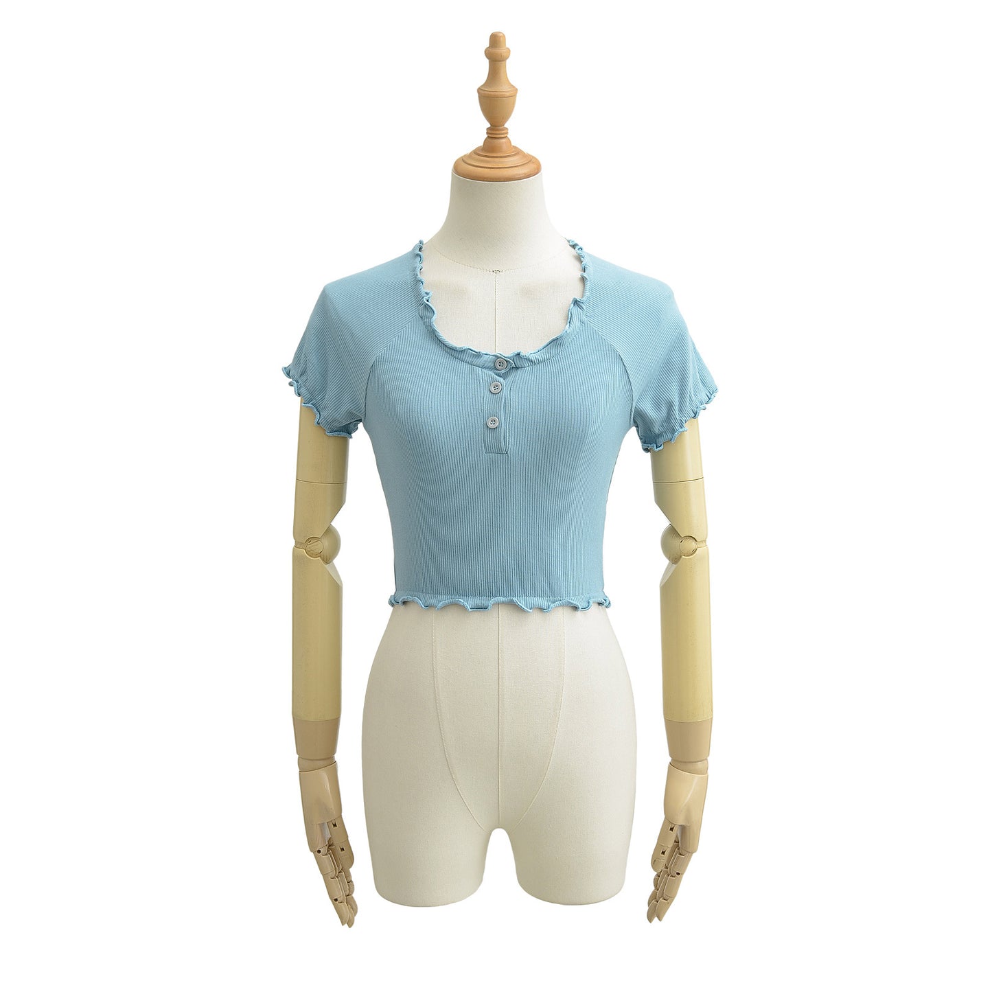 Dame cropped T-shirt med flæsedetaljer og knaplukning Stilla