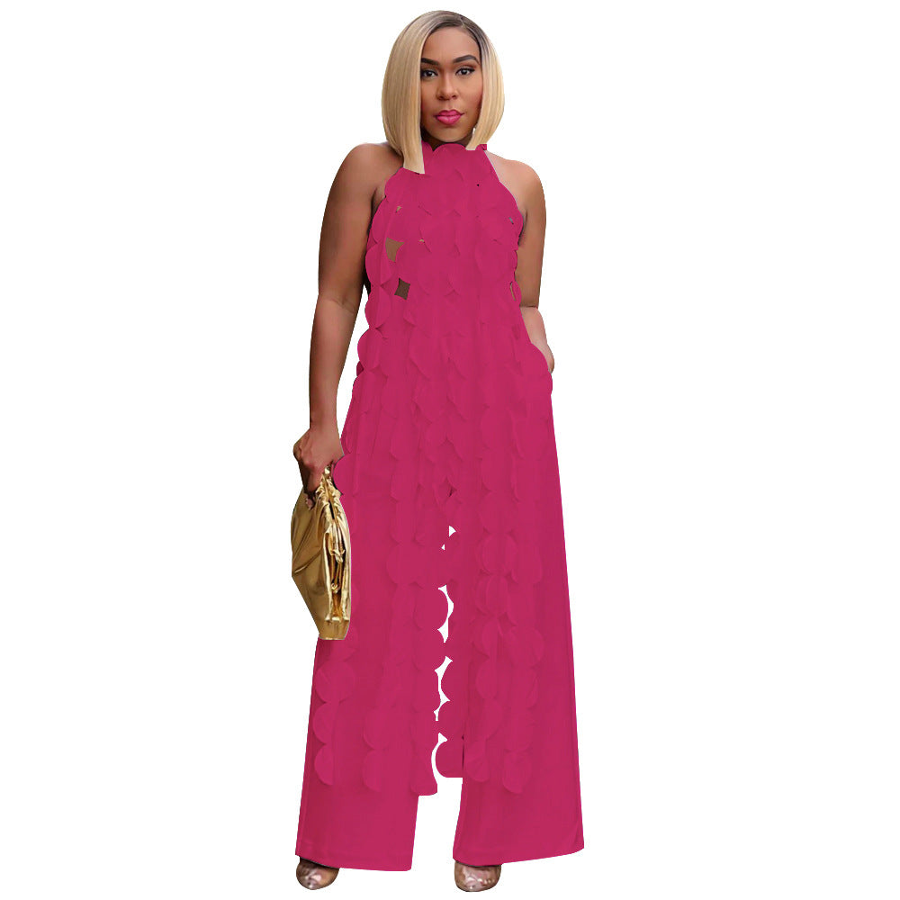 Damer mode Halterneck-jumpsuit med frynset design og lommer Stilla